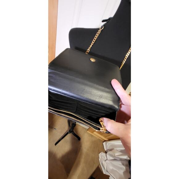 BeBe Crossbody purse, black, long gold color strap, divided sections. - Picture 9 of 13